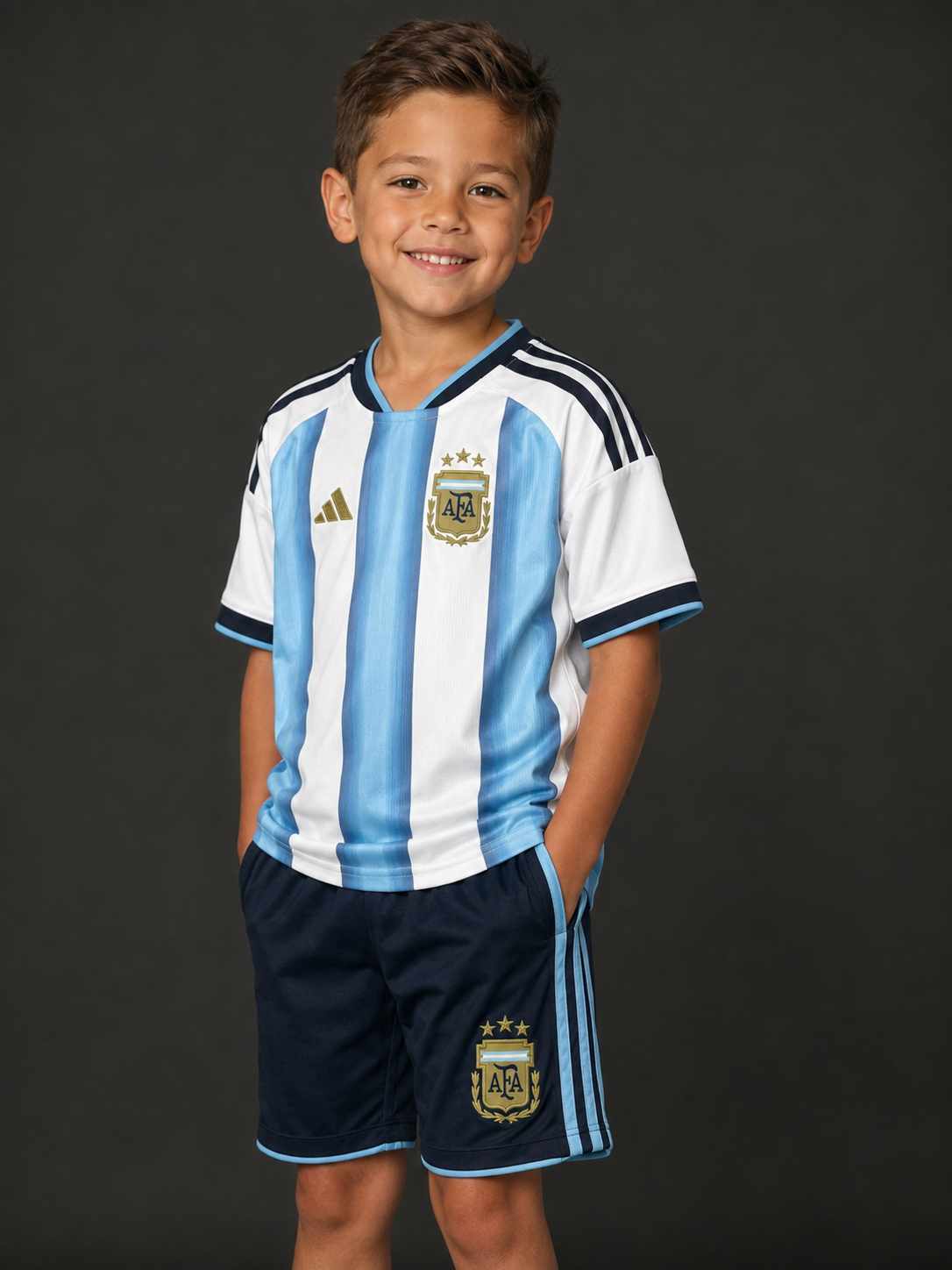 Jersey Argentina Local Mundial 26 Infantil con modelo - GOAT SPORTS