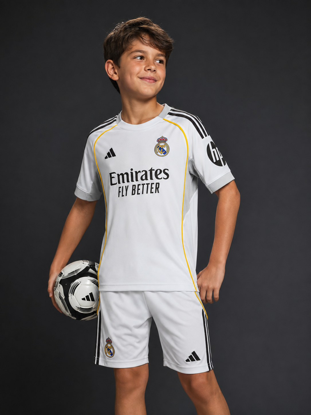 Jersey Real Madrid Local 25-26 Infantil con modelo - GOAT SPORTS
