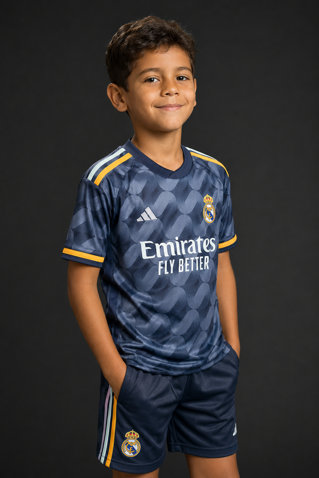 Jersey Real Madrid Visita 23-24 Infantil con modelo - GOAT SPORTS