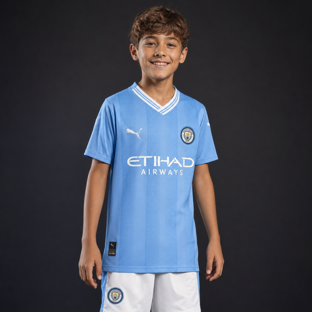 Jersey Manchester City Local 23-24 Infantil con modelo
